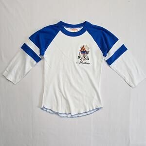 Vintage Montana Raglan Shirt Womens Small Birdhouse Graphic Blue White Tee